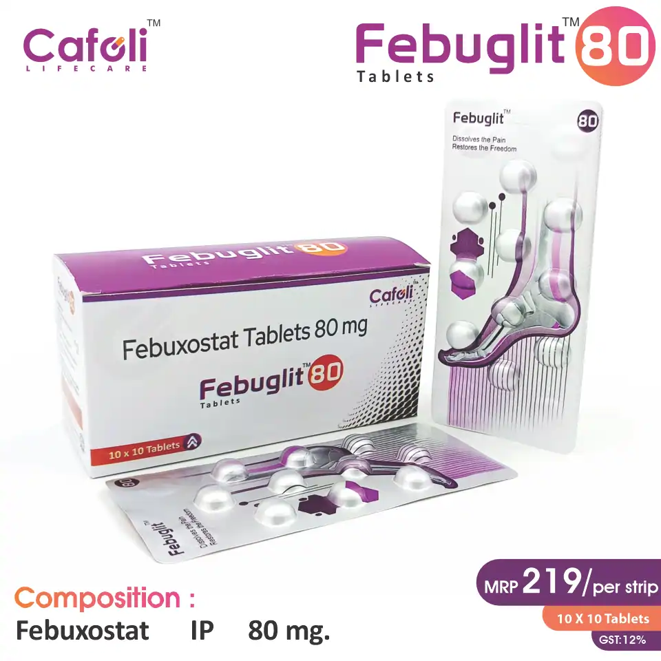 Febuxostat 80mg Tablet at Best Price in PCD Pharma Franchise for Gout Treatment and Uric Acid Reduction.